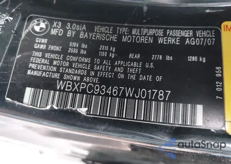 2007 BMW X3 3.0Si из США, поврежденный, VIN WBXPC93467WJ01787